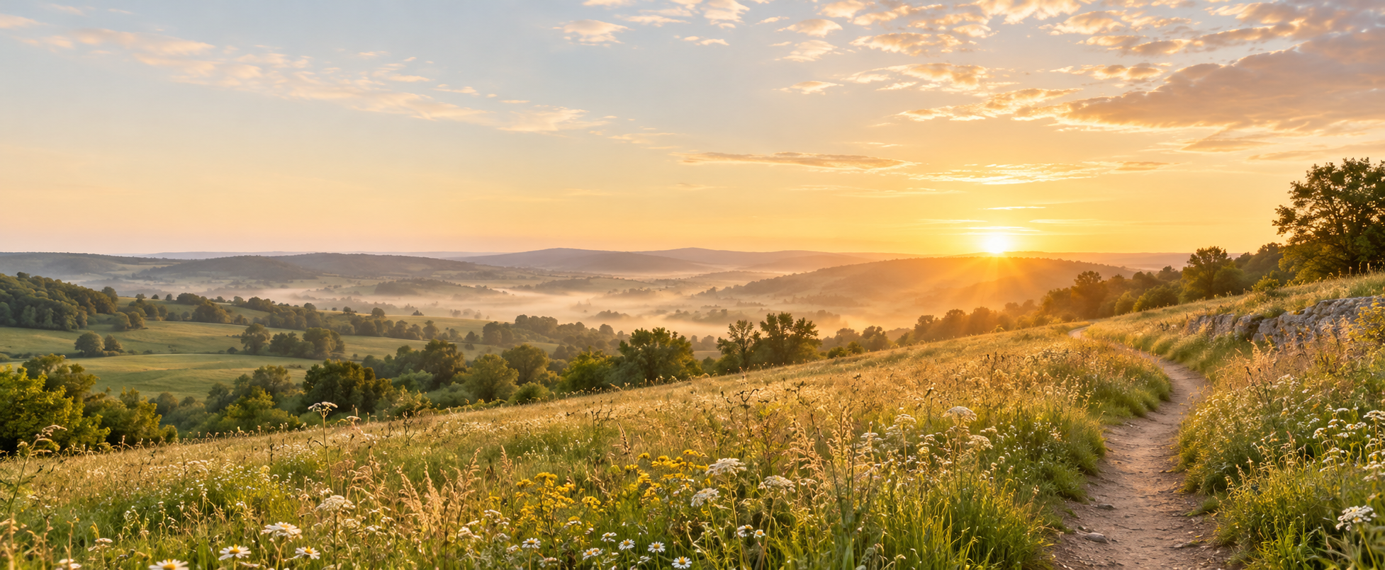 Sunrise over a meadow of wildflowers and a winding path